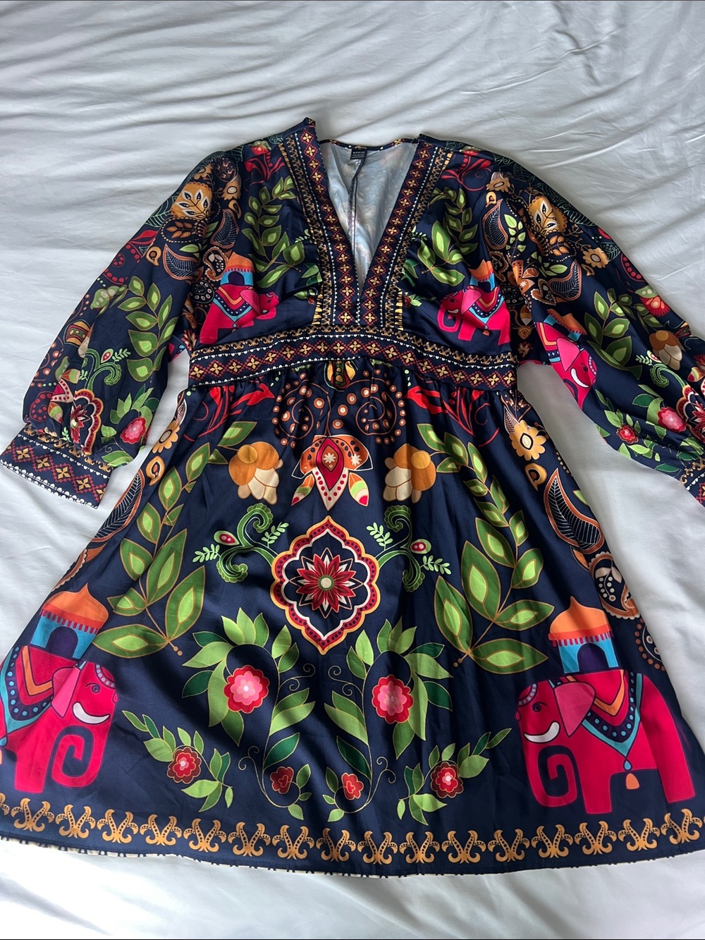 SHEIN Navy Floral & Elephant Print V-Neck Long Sleeve Dress
